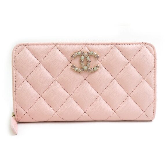 Authentic CHANEL Matelasse Zip Around Compact Long Wallet Pink/Gold Leather